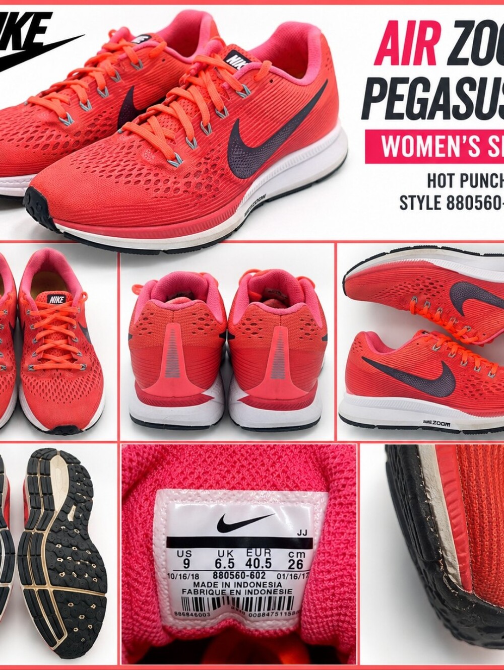 Nike Air Zoom Pegasus 34 Women's Size 9 Hot Punch Coral 880560-602 Read Descrip